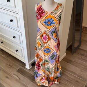 Anthropologie Paper Heart L floral fruit herb print bias cut linen dress